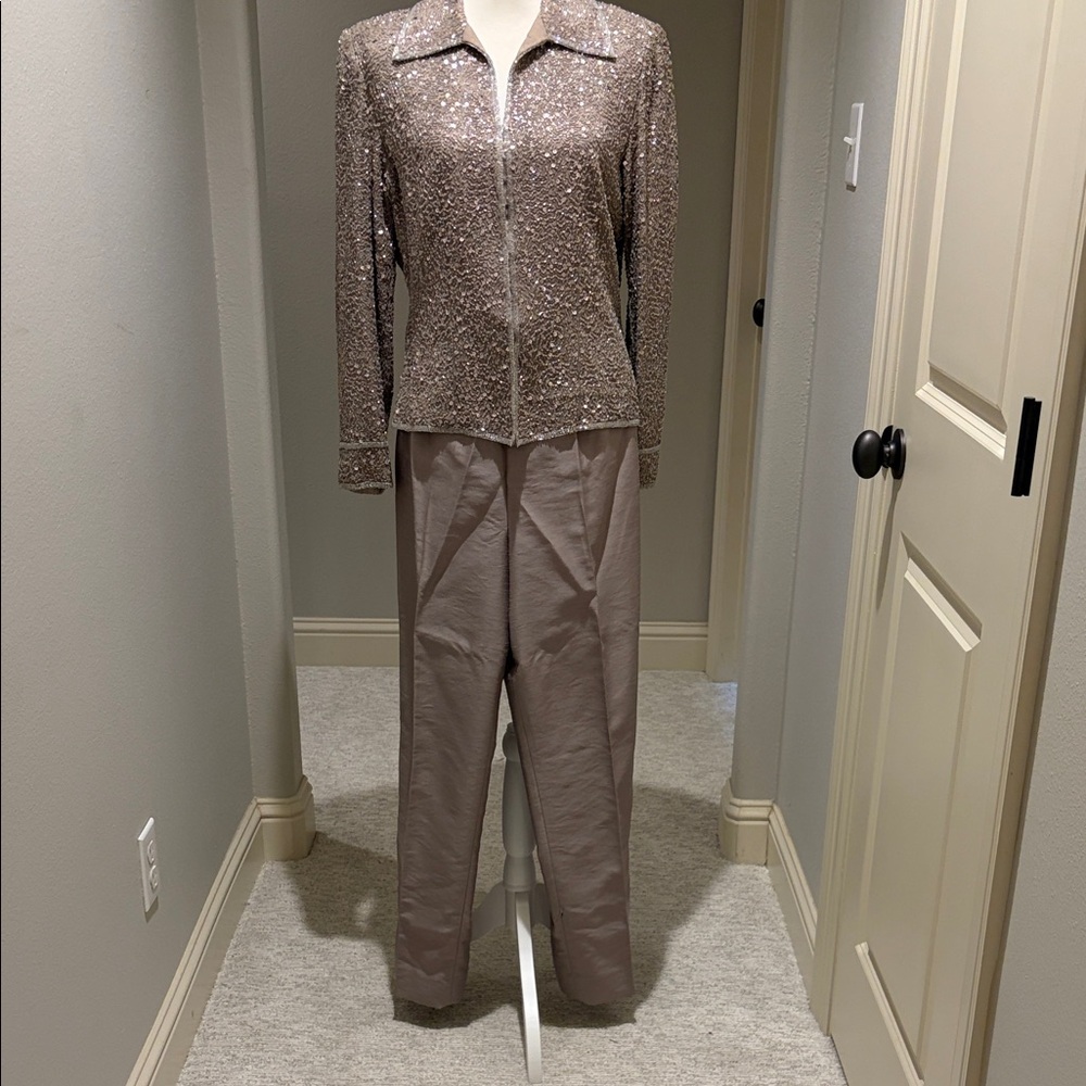 Papell Boutique Shimmering Sequin Pantsuit in Gold